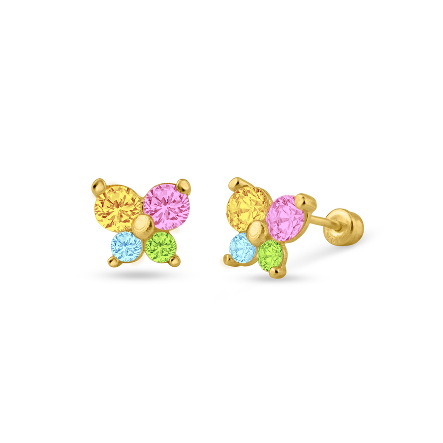 14 Karat Yellow Butterfly Multicolor CZ Screw Back Stud Earrings