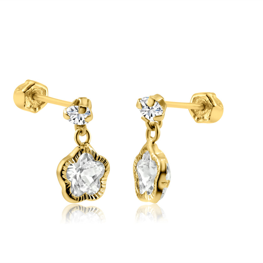 14 Karat Yellow Gold Dangling Star Clear CZ Screw Back Earring