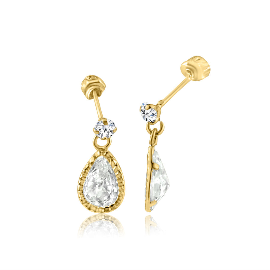 14 Karat Yellow Gold CZ Teardrop Dangling Screw Back Stud Earrings