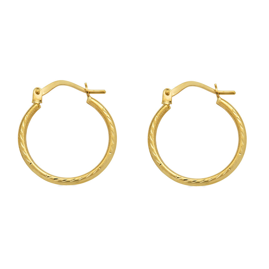 14 Karat Yellow Gold Diamond Cut Textured Hoop Latch Lock Earrings