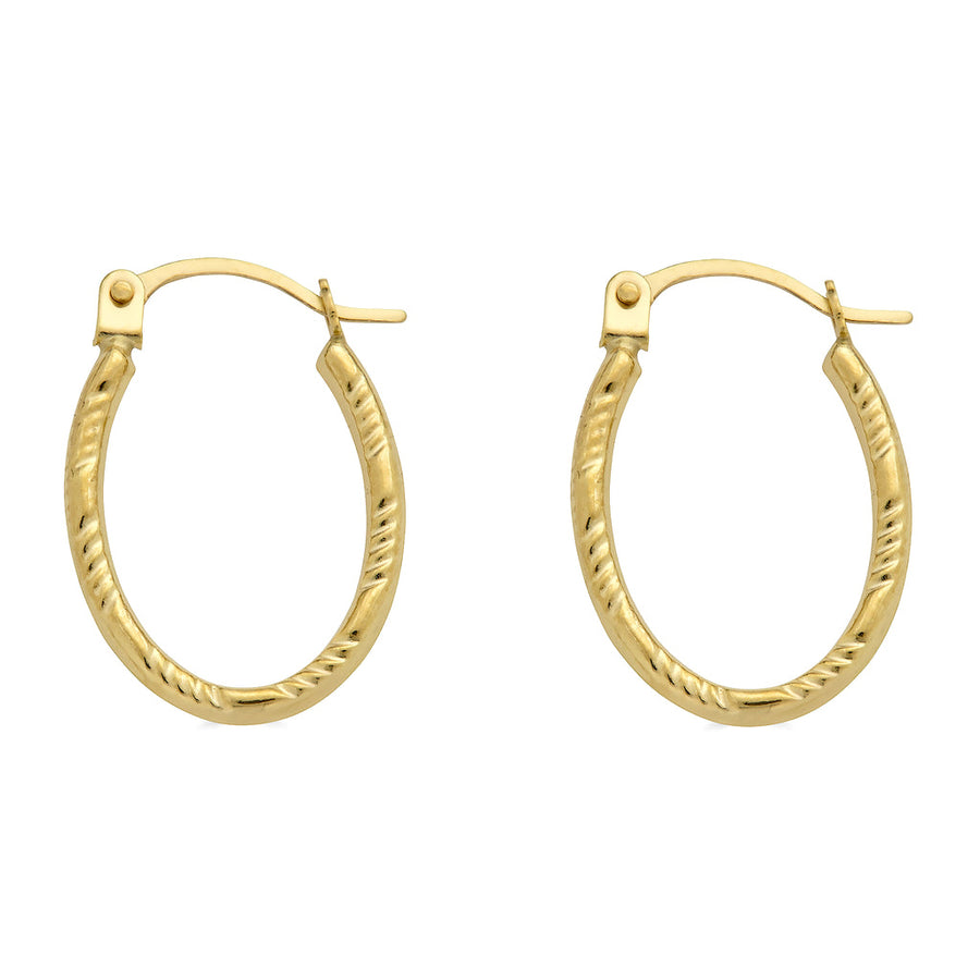 14 Karat Yellow Gold Diamond Cut Textured Oval Hoop Latch Lock Earrings