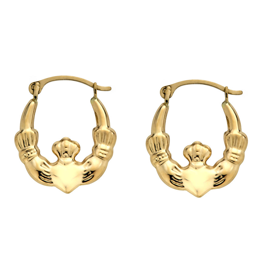 14 Karat Yellow Gold Textured Crown Heart Hoop Latch Lock Earrings