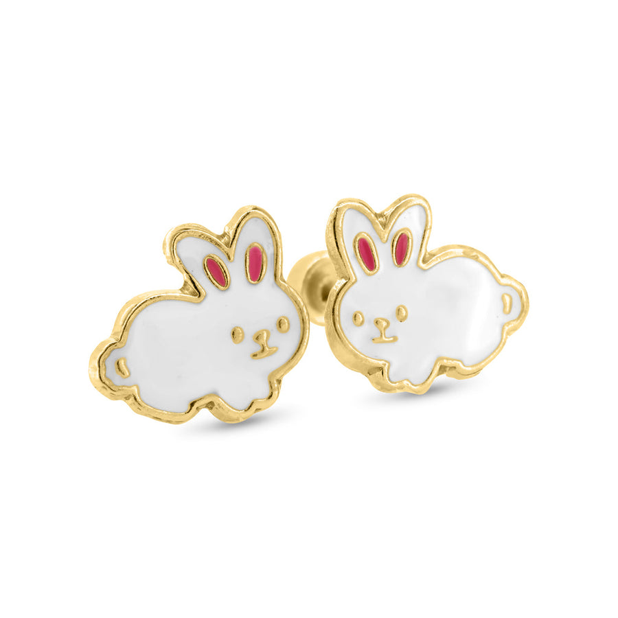 14 Karat Yellow Gold White Rabbit Screw Back Earrings