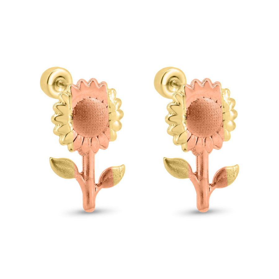 14 Karat Yellow Gold Two Tone Sunflower Screw Back Earrings