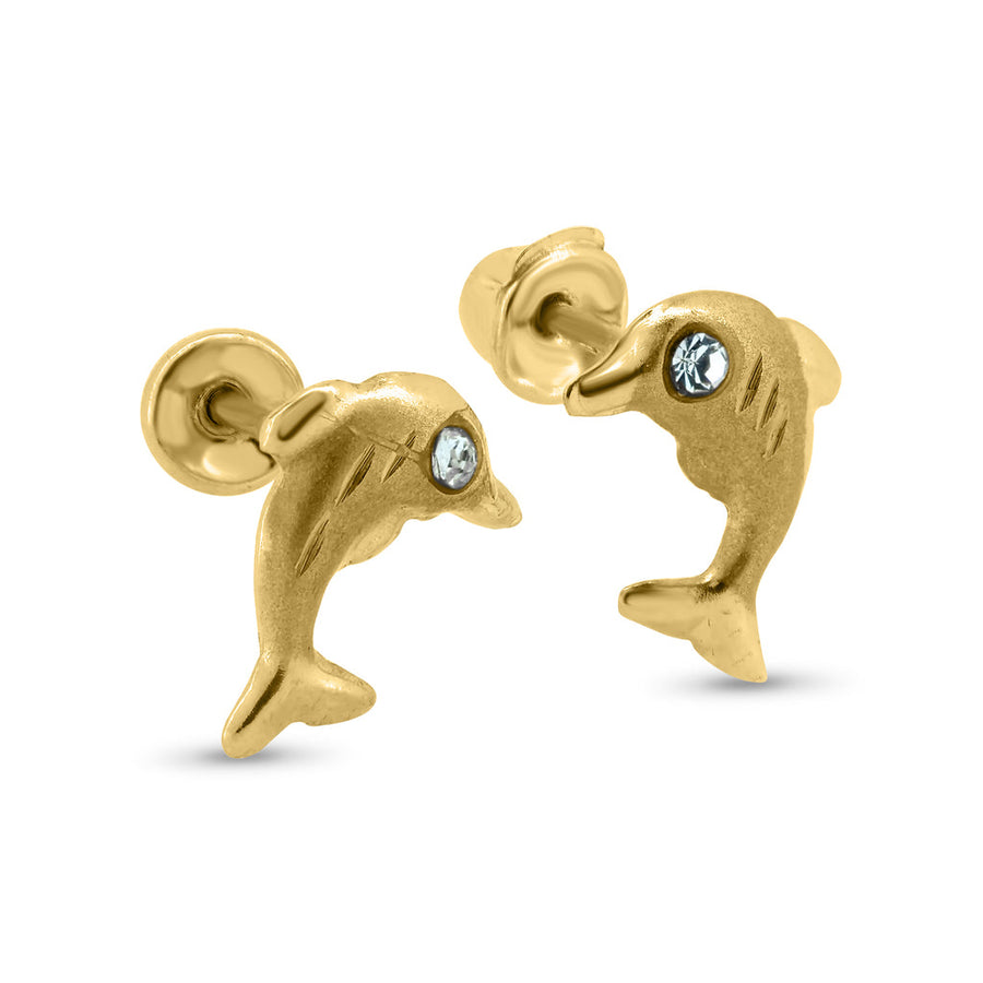 14 Karat Yellow Gold Dolphin Clear CZ Screw Back Earrings