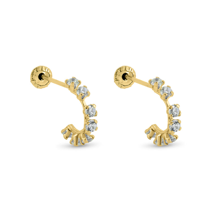 14 Karat Yellow Gold Semi Hoop Clear CZ Screw Back Earrings
