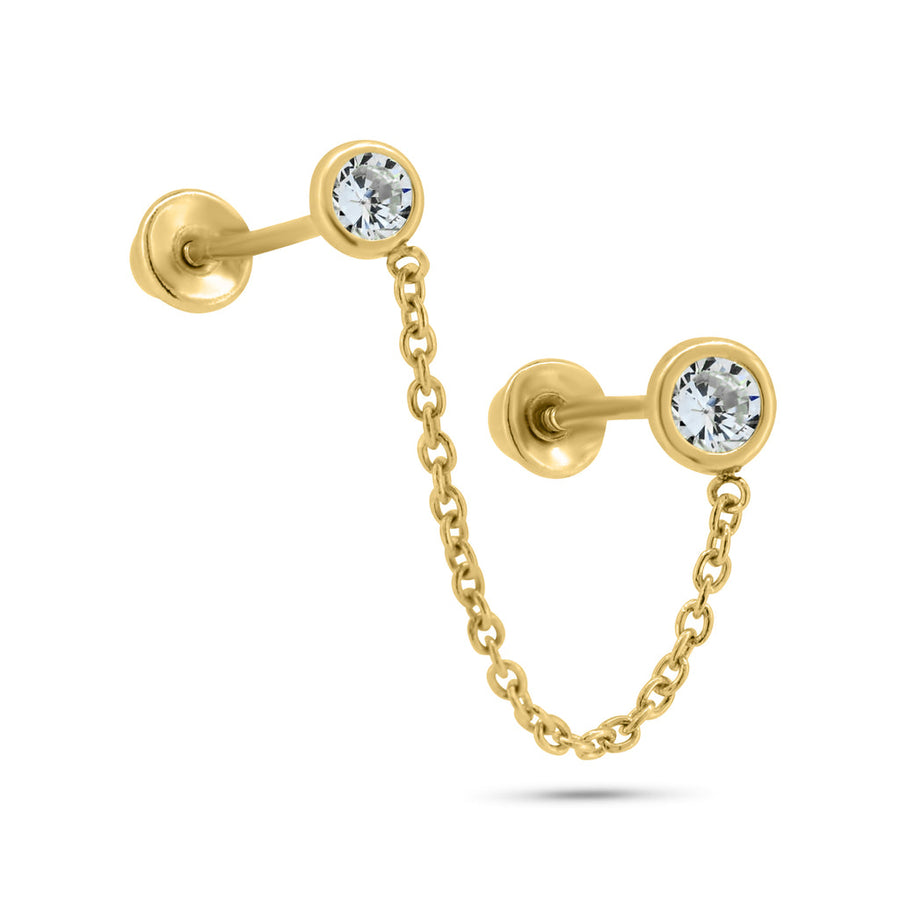 14 Karat Yellow Gold Double Piercing Clear CZ Screw Back Earrings