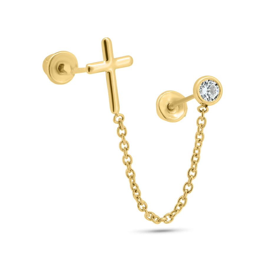 14 Karat Yellow Gold Double Piercing Cross and Rou