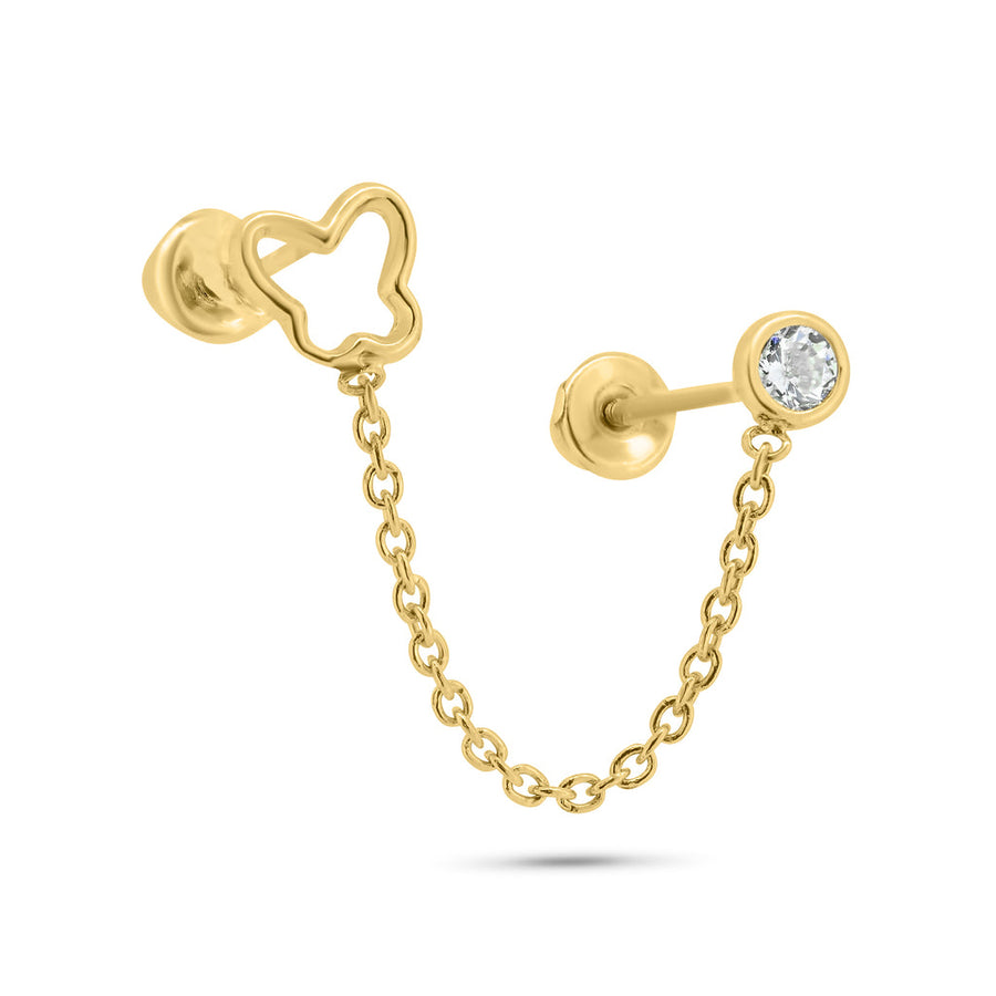 14 Karat Yellow Gold Double Piercing Butterfly Outline and Round Clear CZ Screw Back Earrings