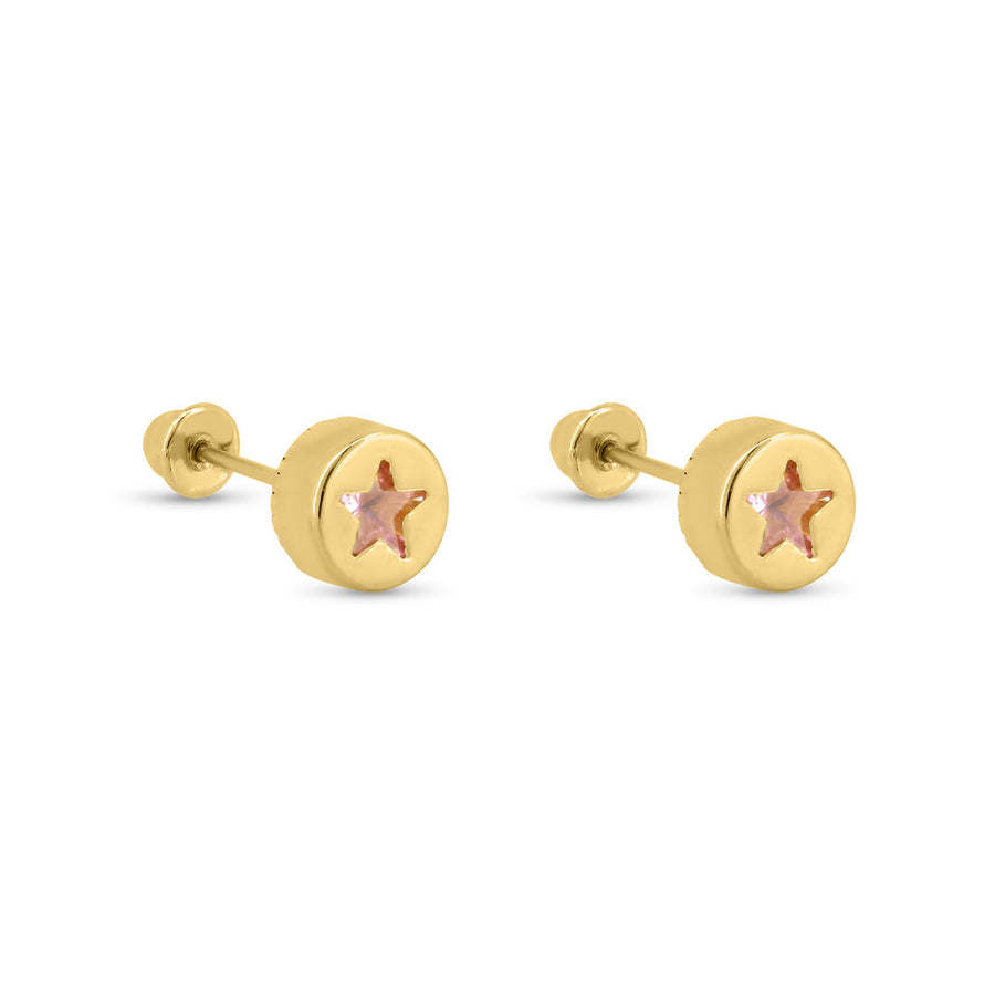 14 Karat Yellow Gold Round Star Clear, Black, Red or Pink CZ Screw Back Earrings