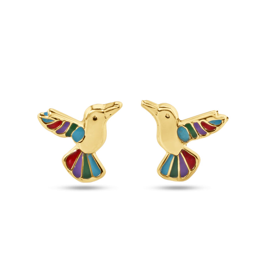 14 Karat Yellow Gold Hummingbird Multi Color Screw Back Earrings