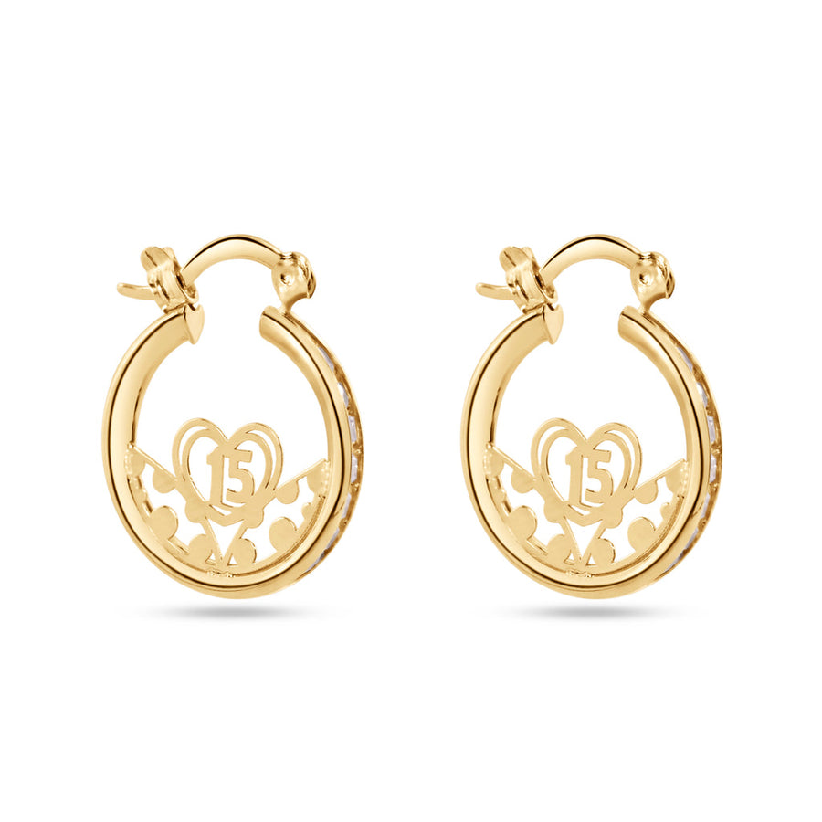14 Karat Yellow Gold 18mm Quinceañera Clear CZ Hoop Earrings