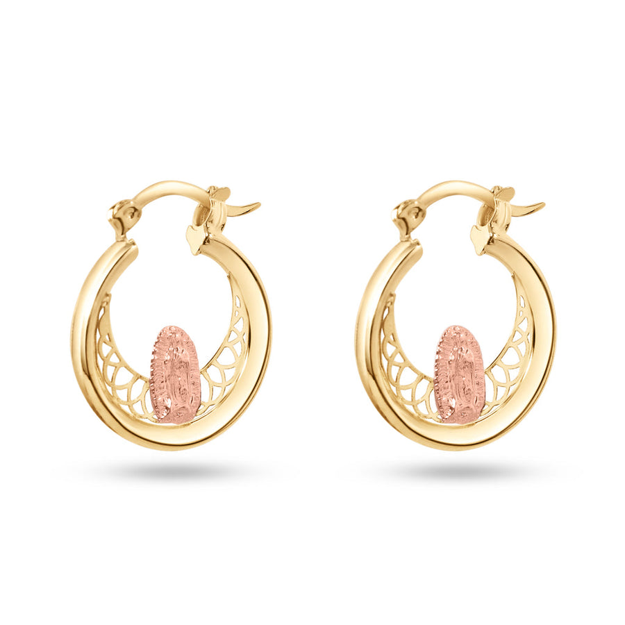 14 Karat Yellow Gold 2 Tone 18mm Our Lady of Guadalupe Clear CZ Hoop Earrings