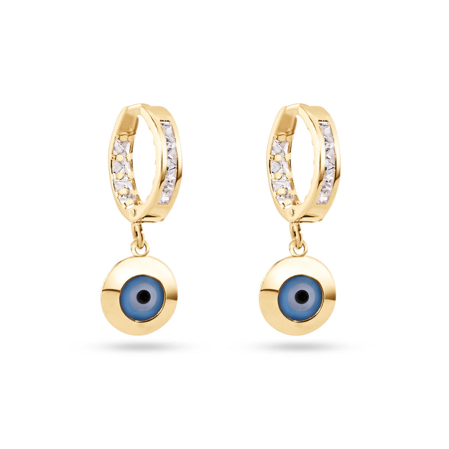 14 Karat Yellow Gold Dangling Evil Eye Clear CZ 11.5mm Hoop Earrings