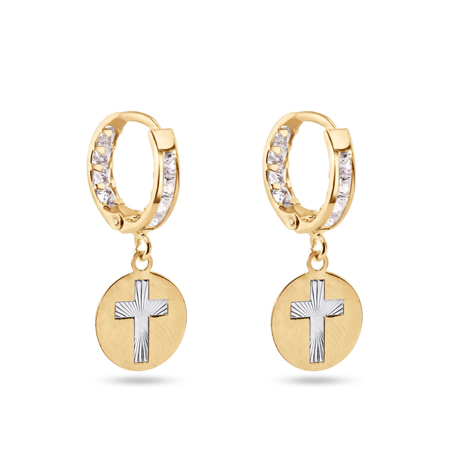 14 Karat Yellow Gold Dangling Cross Clear CZ 12mm Hoop Earrings