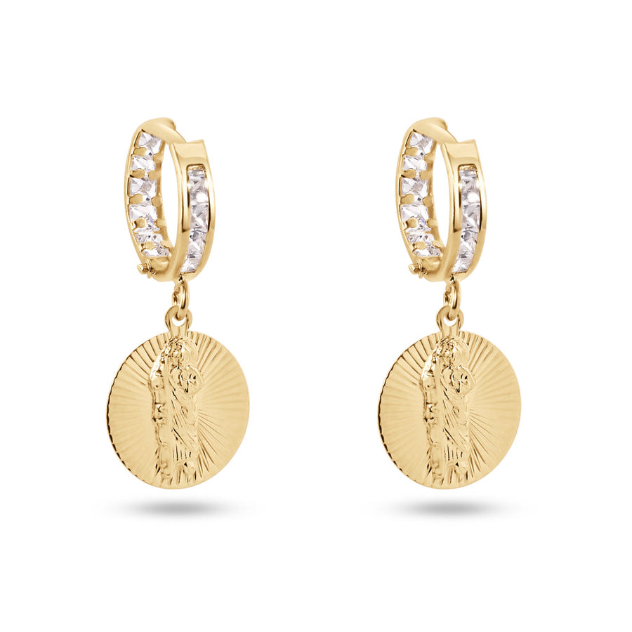 14 Karat Yellow Gold Diamond Cut Dangling Saint Jude Clear CZ 12mm Hoop Earrings