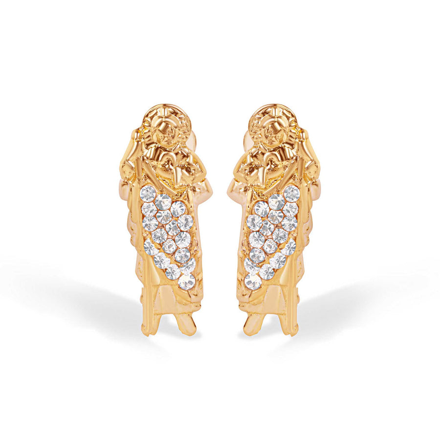 14 Karat Yellow Gold St Jude 14mm Clear CZ Screw Back Earrings