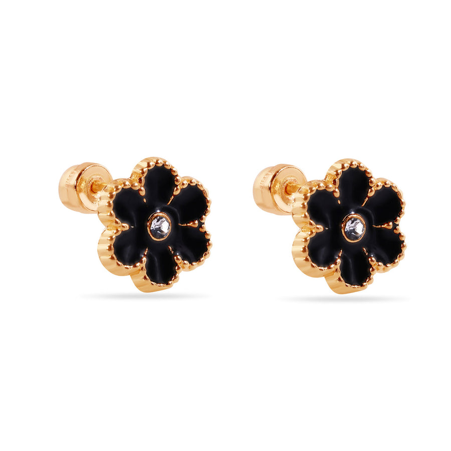 14 Karat Black Flower Enamel 8.5mm Clear CZ Screw Back Earrings