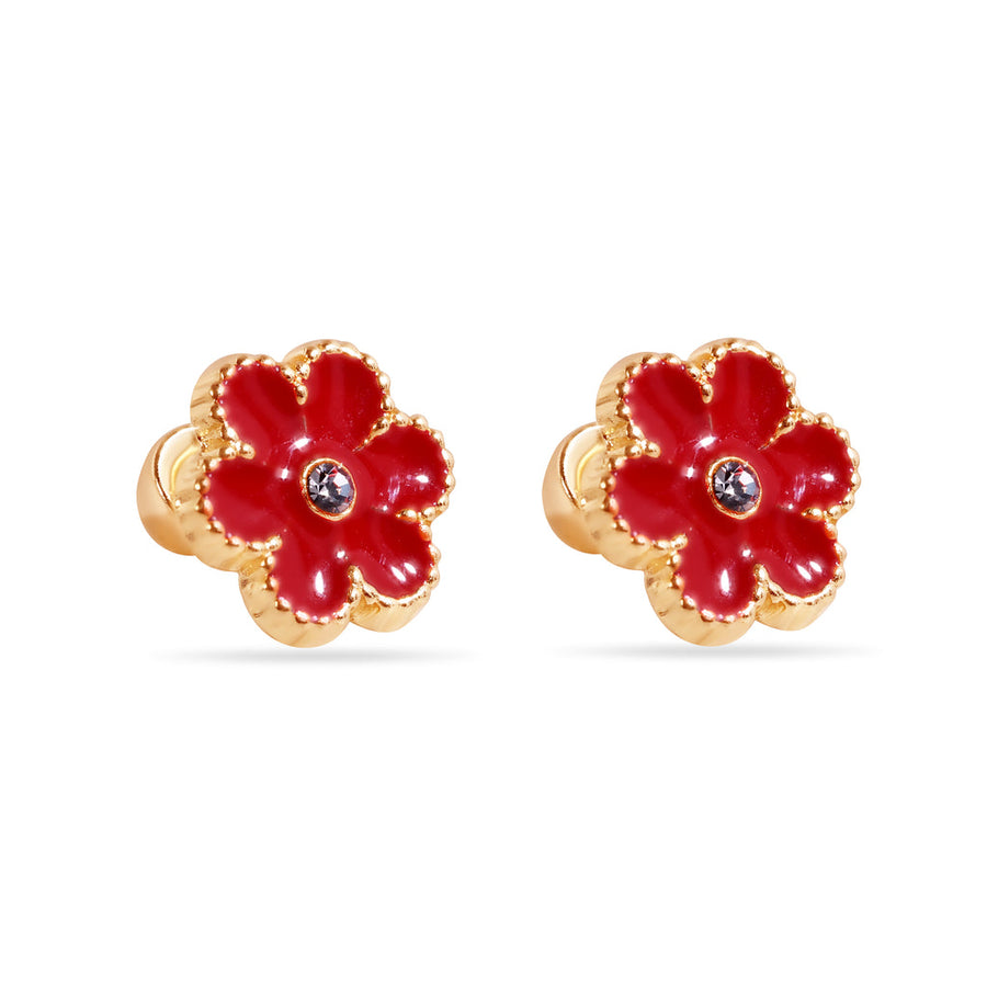 14 Karat Red Flower Enamel 8.5mm Clear CZ Screw Back Earrings