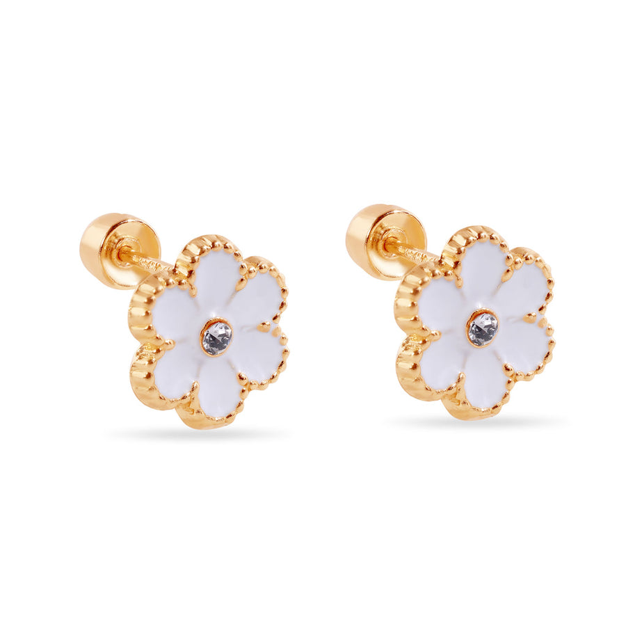 14 Karat White Flower Enamel 8.5mm Clear CZ Screw Back Earrings