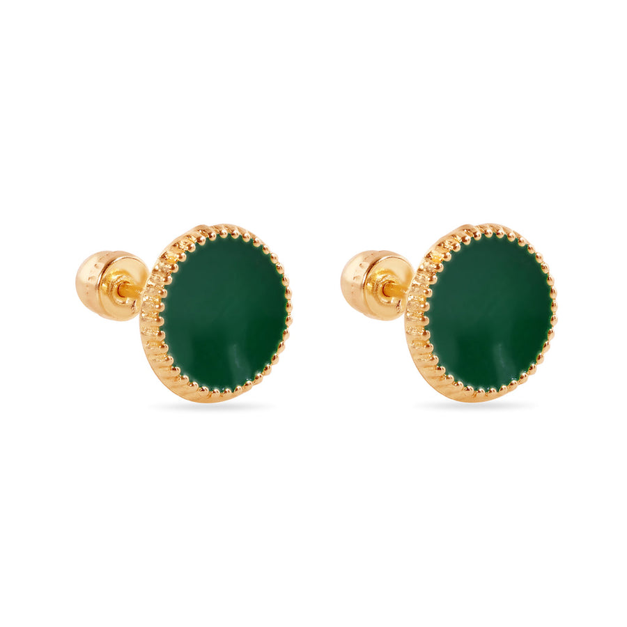 14 Karat Green Circular Enamel 8.3mm Screw Back Earrings