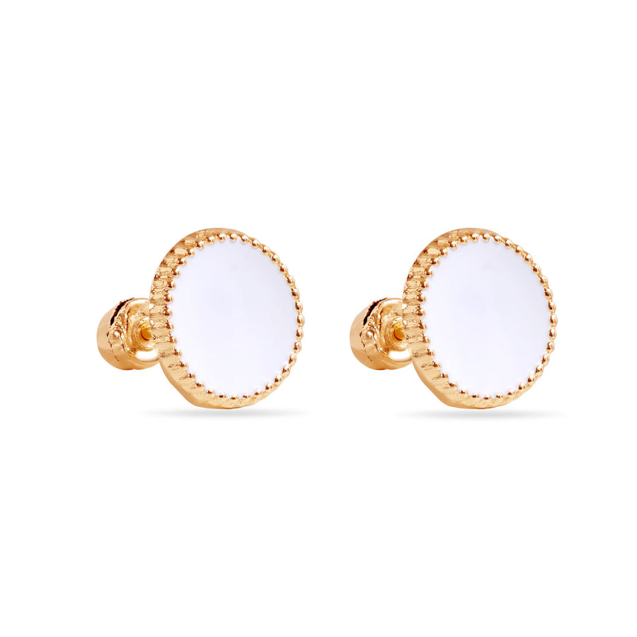 14 Karat White Circular Enamel 8.3mm Screw Back Earrings