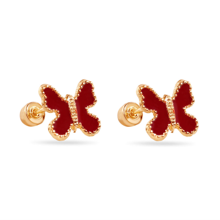 14 Karat Red Butterfly Enamel 8mm Screw Back Earrings