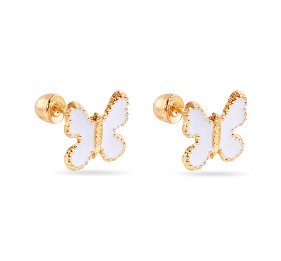 14 Karat White Butterfly Enamel 8mm Screw Back Earrings