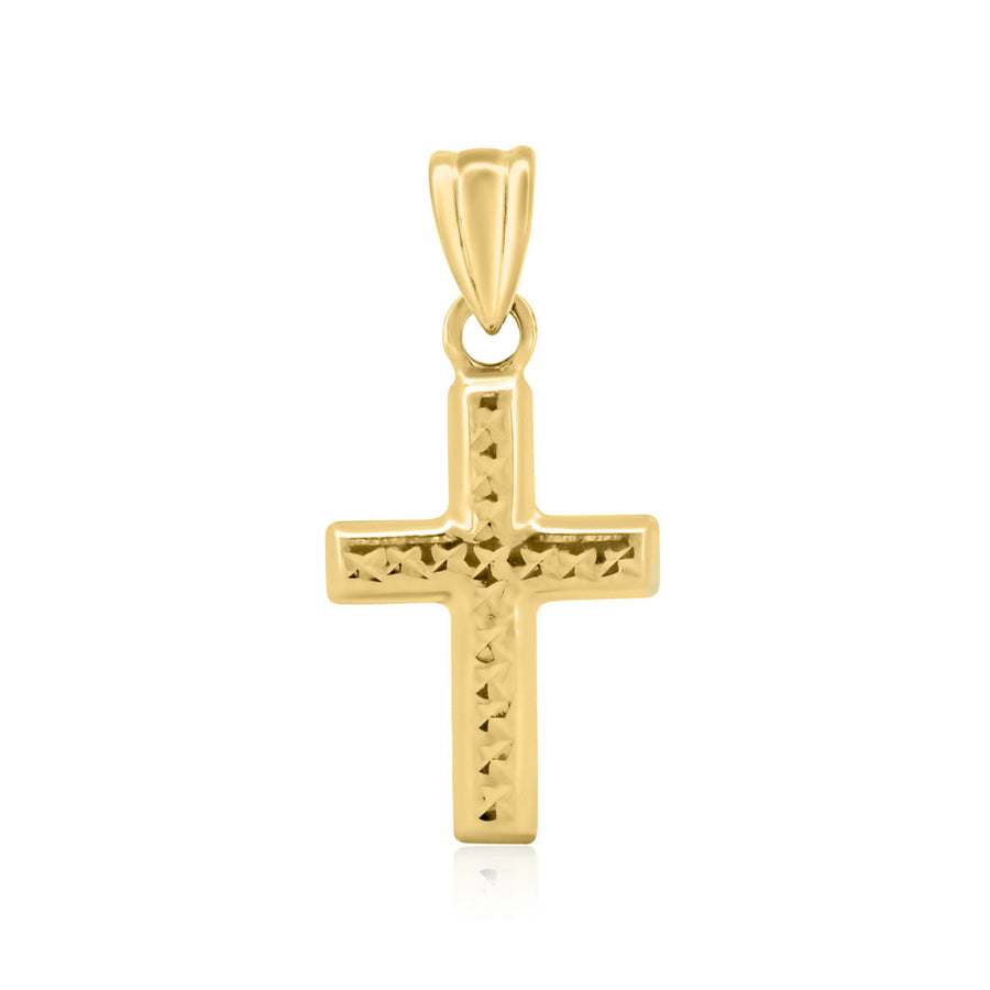 14 Karat Yellow Gold Diamond Cut Textured Hollow Tube Crucifix Pendant