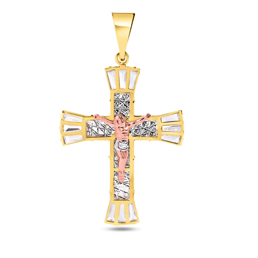 14 Karat Yellow Gold Crucifix Diamond Cut Baguette Clear CZ Pendant