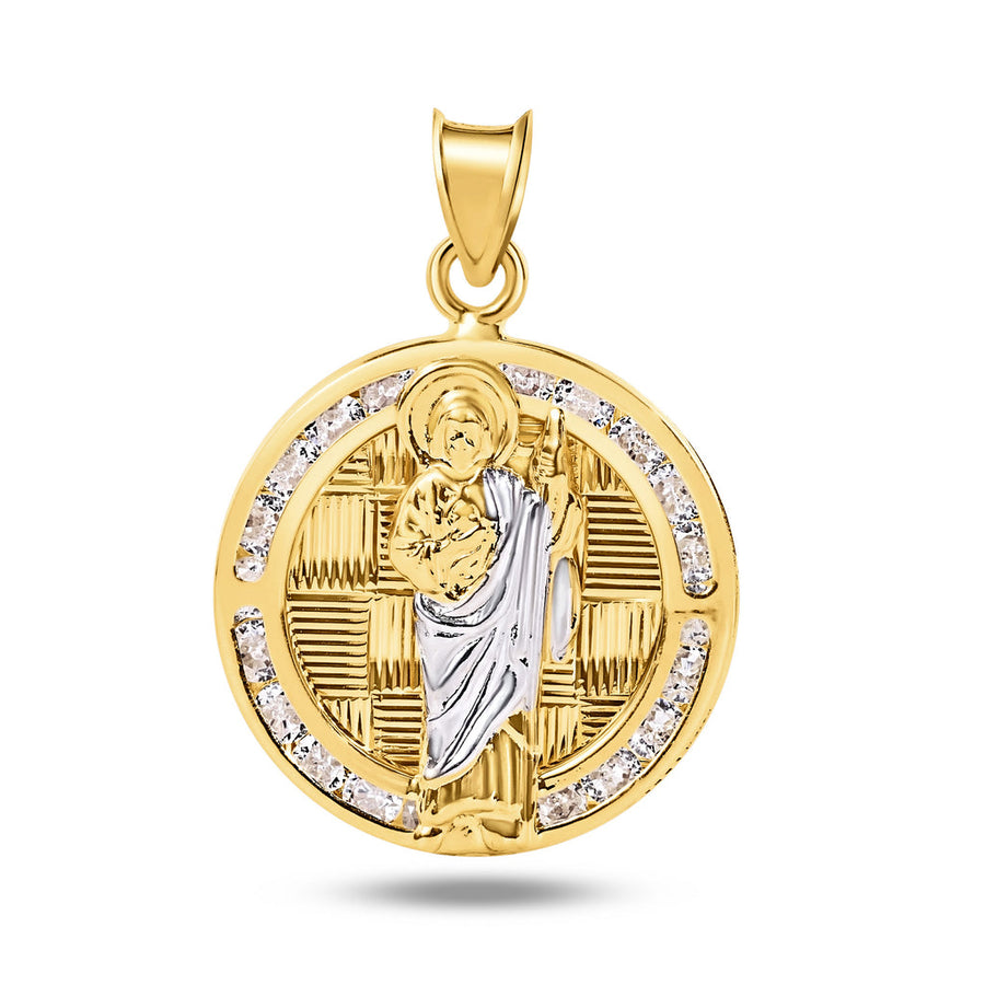 14 Karat Yellow Gold St Jude Clear CZ Diamond Cut Round Pendant
