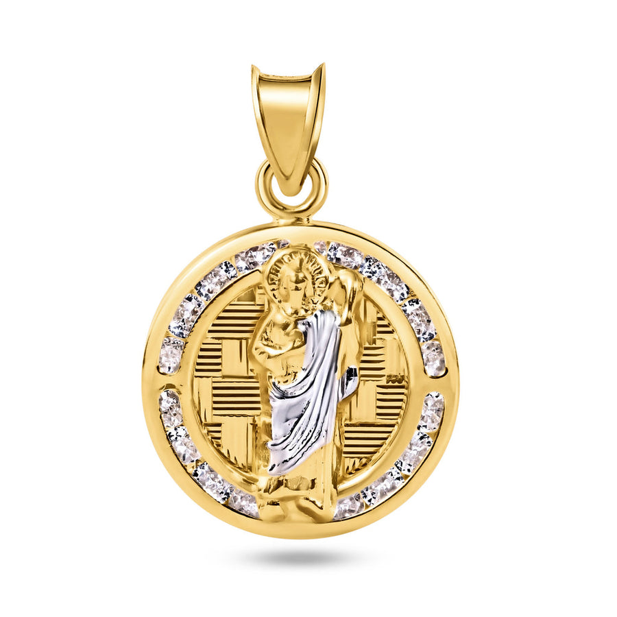 14 Karat Yellow Gold St Jude Clear CZ Diamond Cut Round Pendant