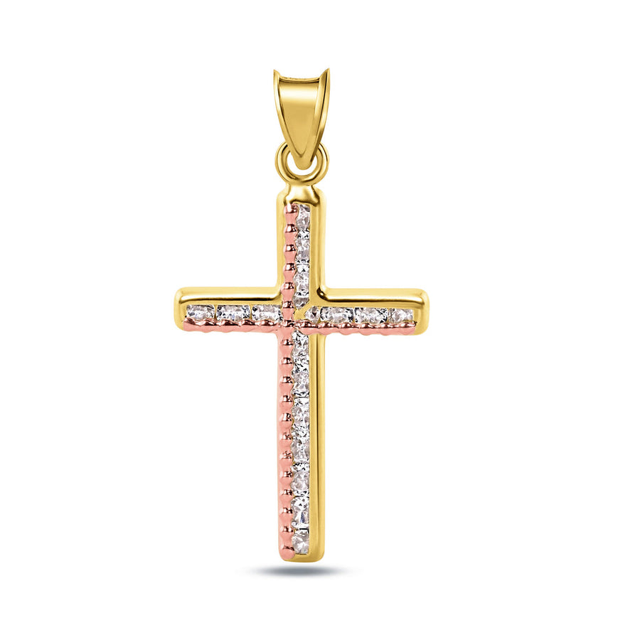 14 Karat Yellow Gold Beaded Cross Clear CZ Pendant