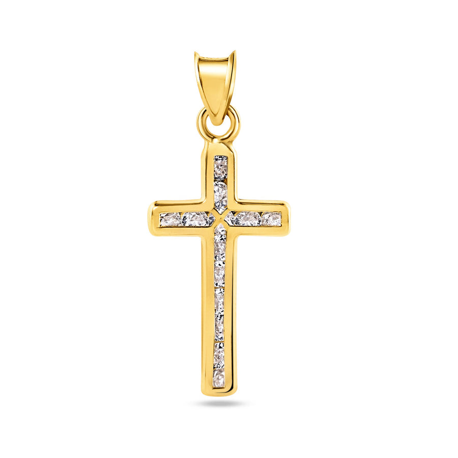 14 Karat Yellow Gold Wavy Cross Clear CZ Pendant