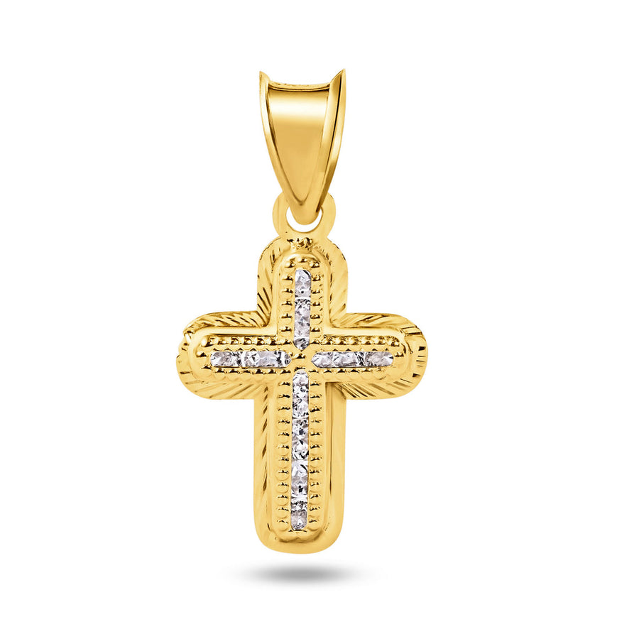 14 Karat Yellow Gold Diamond Cut Beaded Crucifix Clear CZ Pendant