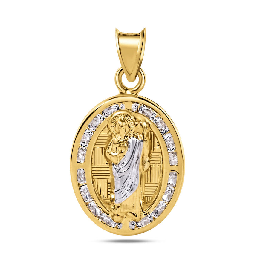 14 Karat Yellow Gold St Jude Diamond Cut Two Tone Clear CZ Pendant
