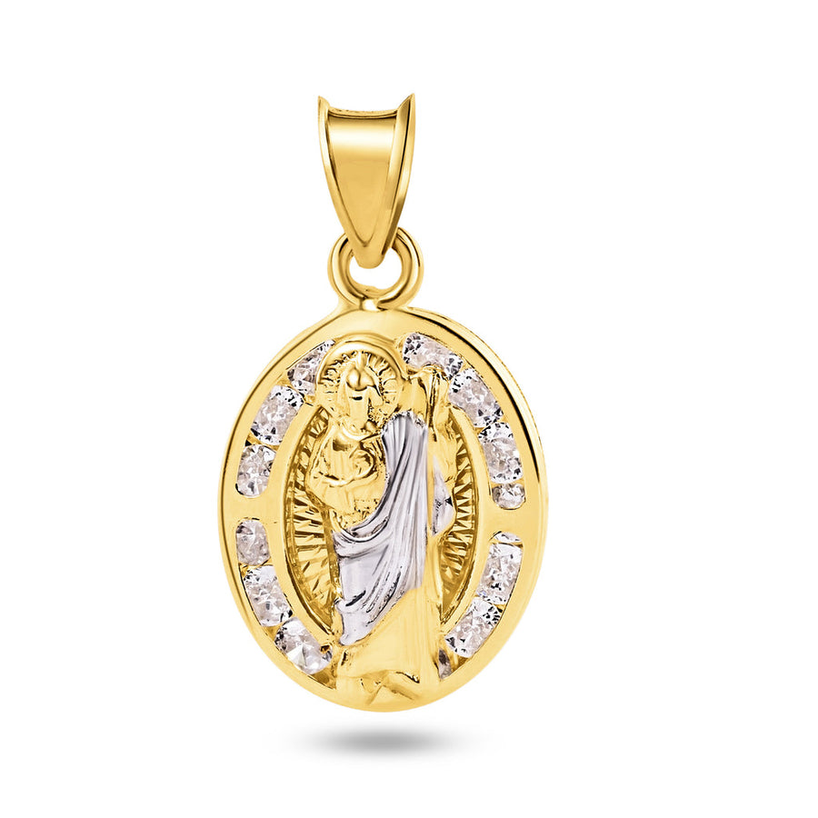 14 Karat Yellow Gold St Jude Two Tone Clear CZ Pendant