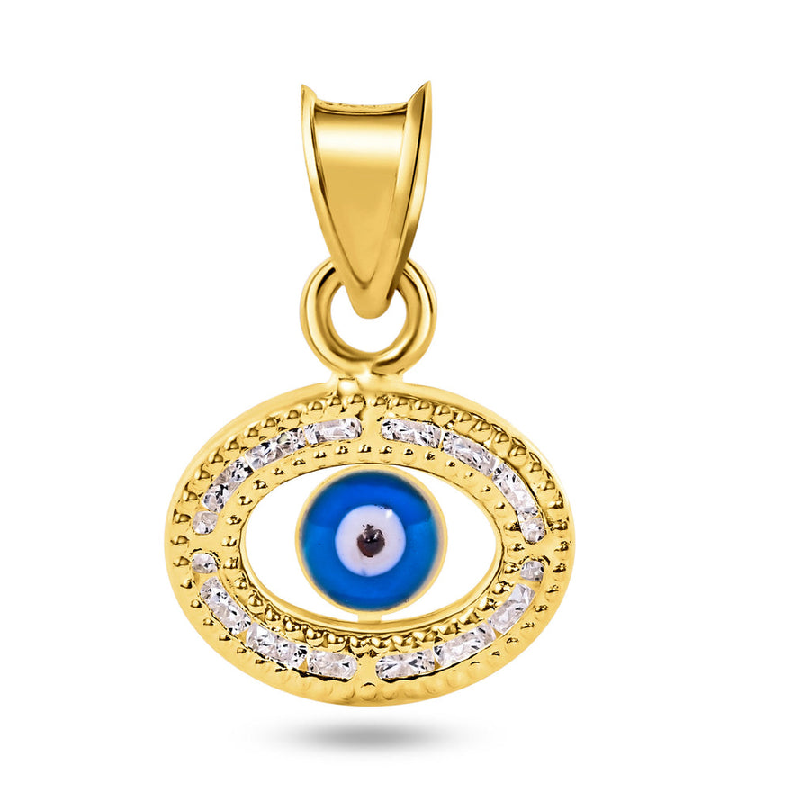 14 Karat Yellow Gold Beaded Evil Eye Clear CZ Pendant