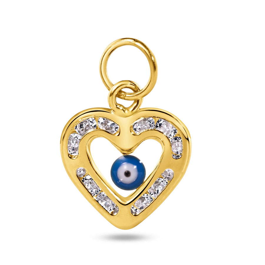 14 Karat Yellow Gold Heart Evil Eye Clear CZ Pendant