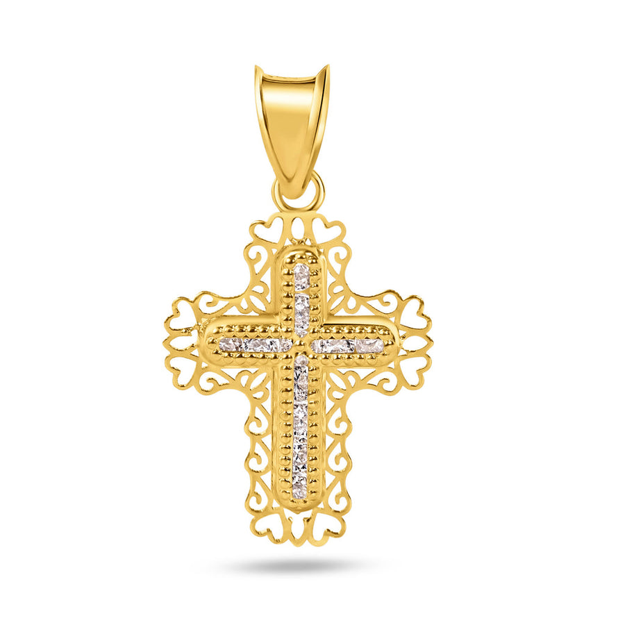 14 Karat Yellow Gold Beaded Cross Heart Cutout Clear CZ Pendant