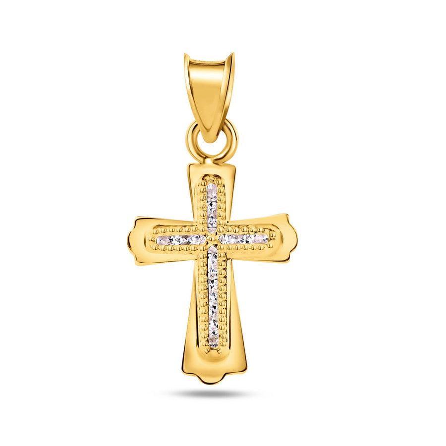 14 Karat Yellow Gold Beaded Bordered Cross Clear CZ Pendant