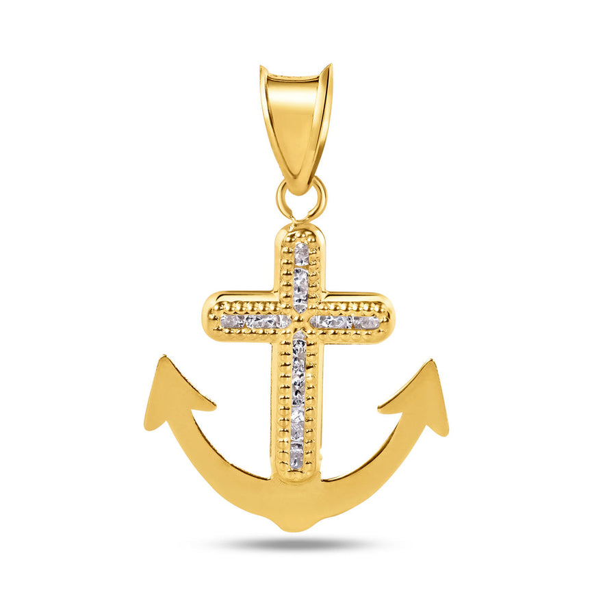 14 Karat Yellow Gold Anchor Beaded Cross Clear CZ Pendant
