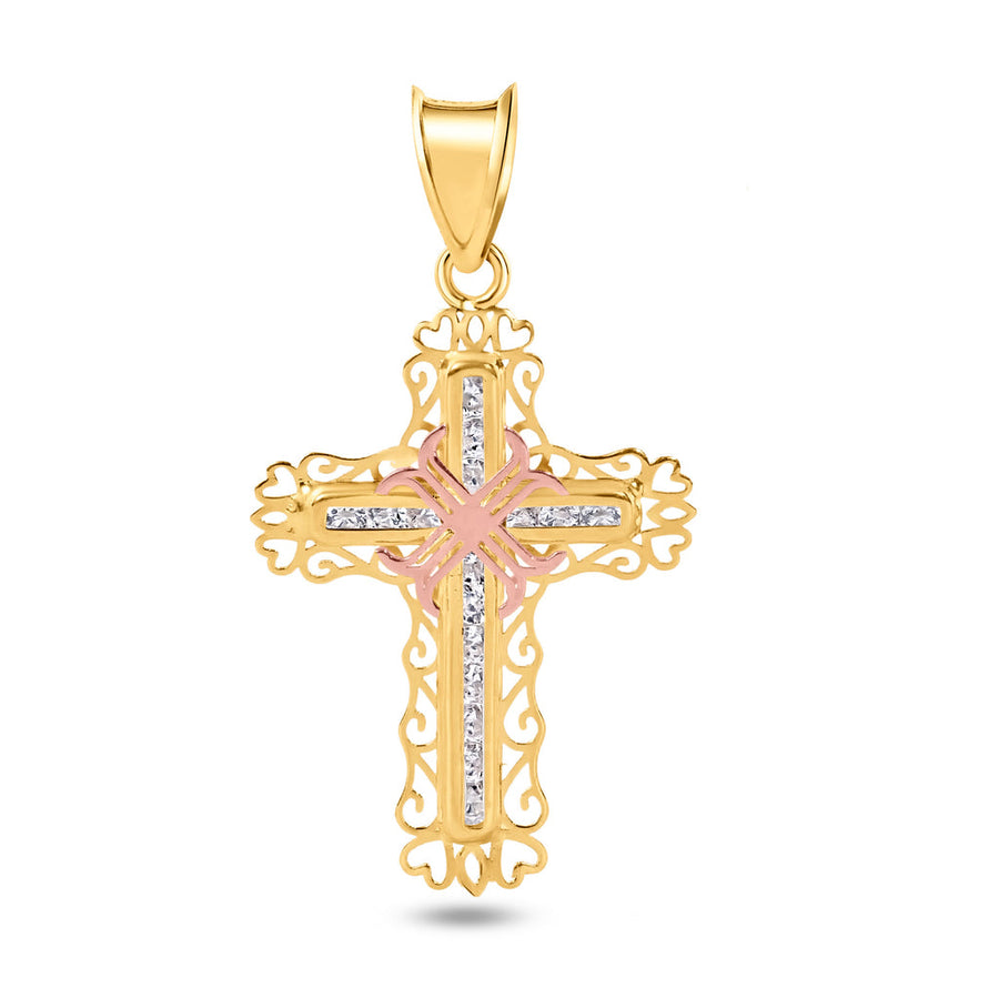 14 Karat Yellow Gold Cross Two Tone Heart Cutout Border Clear CZ Pendant