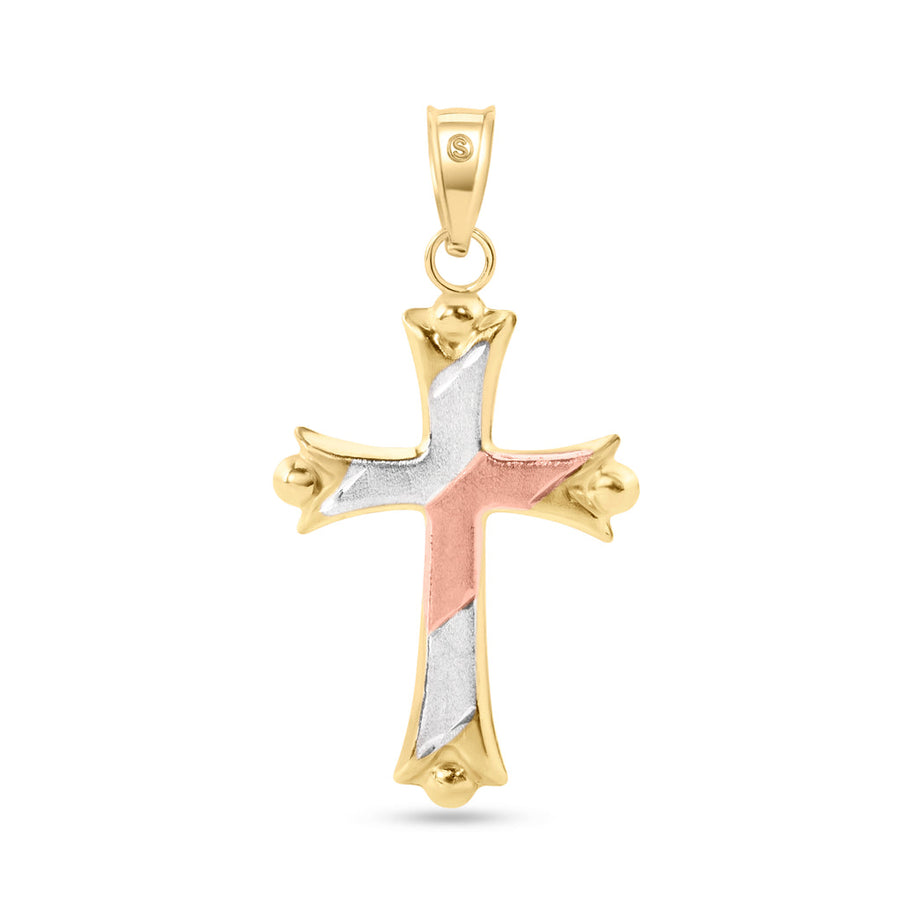 14 Karat Yellow Gold Tri Color 2-Sided Patterned Hollow Tube Cross Pendant