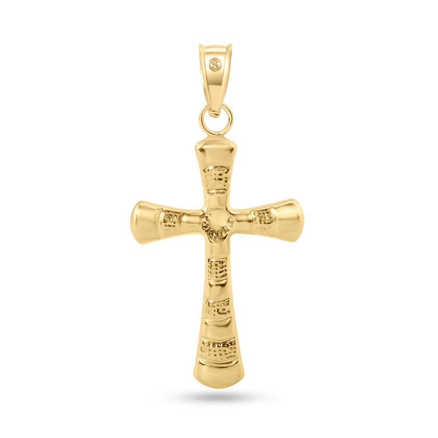 14 Karat Yellow Gold 2 Sided Patterned Hollow Tube Cross Pendant