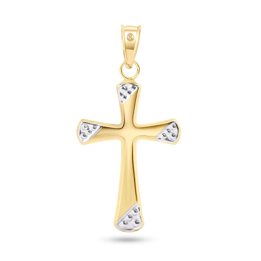 14 Karat Yellow Gold 2 Sided White Gold Beaded Edge Hollow Tube Cross Pendant