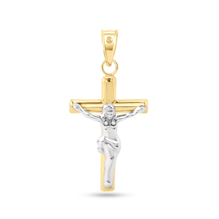 14 Karat Yellow Gold 2 Sided Cross White Gold Jesus Hollow Tube Cross Pendant