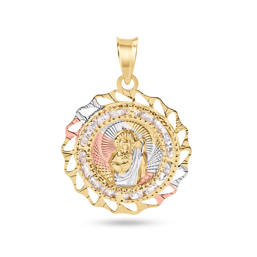 14 Karat Yellow Gold 2 Tone 20mm Diamond Cut Bezel Saint Jude Clear CZ Pendant