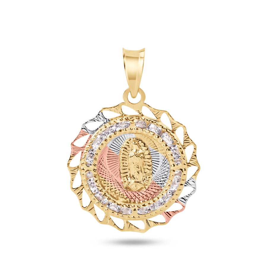 14 Karat Yellow Gold 2 Tone 20mm Diamond Cut Bezel Our Lady of Guadalupe Clear CZ Pendant