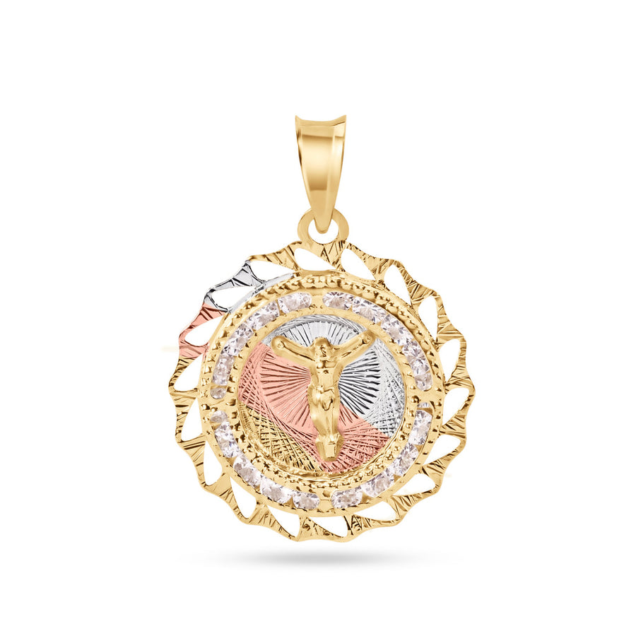 14 Karat Yellow Gold 2 Tone 20mm Diamond Cut Bezel Jesus Christ Clear CZ Pendant